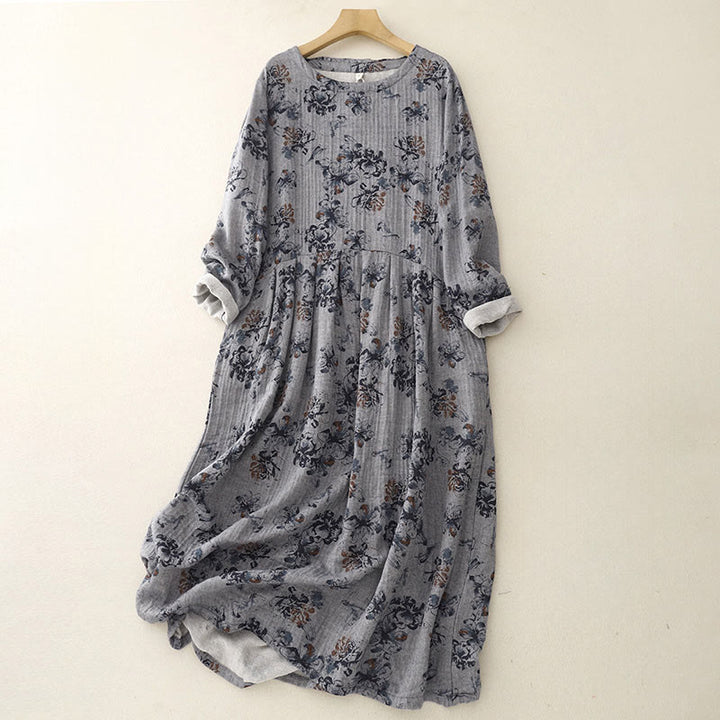 Abito midi casual in cotone e lino con scollo rotondo e motivo floreale piccolo Buddha Stones con tasche - Grigio - US8-10, UK/AU12-14, EU40-42 (2XL) - image 12