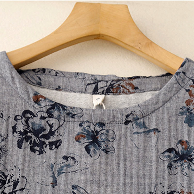 Abito midi casual in cotone e lino con scollo rotondo e motivo floreale piccolo Buddha Stones con tasche - image 14
