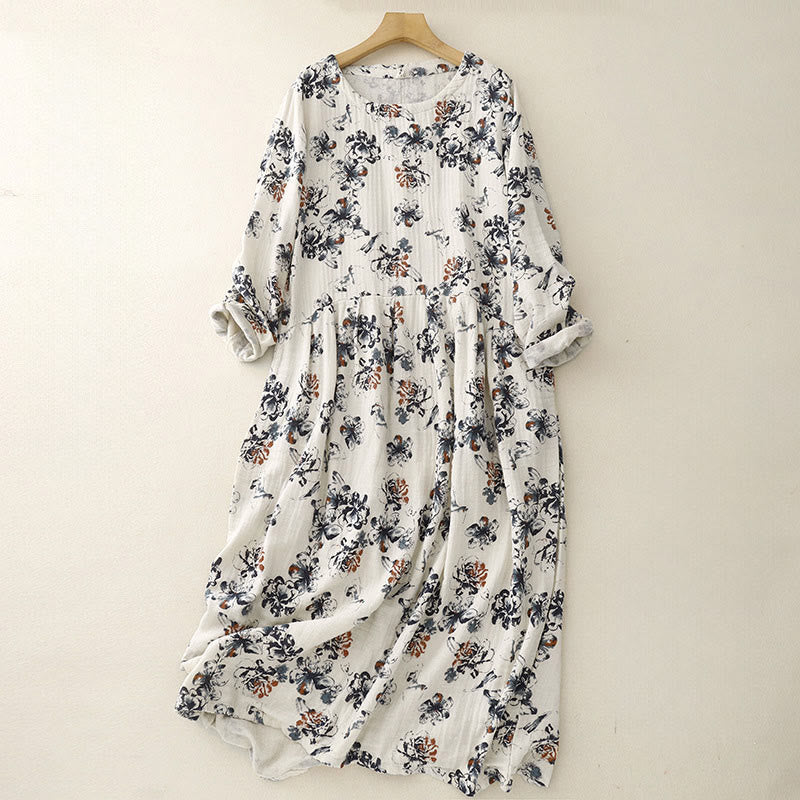 Abito midi casual in cotone e lino con scollo rotondo e motivo floreale piccolo Buddha Stones con tasche - FlorealeBianco - US8-10, UK/AU12-14, EU40-42 (2XL) - image 1