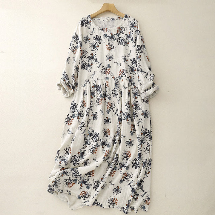 Abito midi casual in cotone e lino con scollo rotondo e motivo floreale piccolo Buddha Stones con tasche - FlorealeBianco - US8-10, UK/AU12-14, EU40-42 (2XL) - image 1