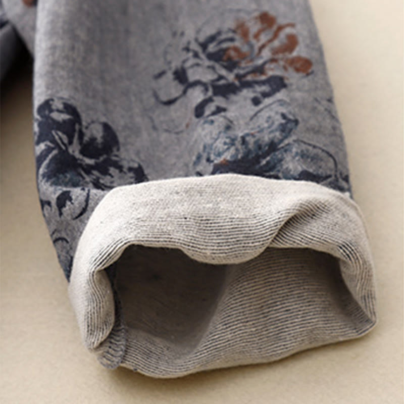 Abito midi casual in cotone e lino con scollo rotondo e motivo floreale piccolo Buddha Stones con tasche - image 19