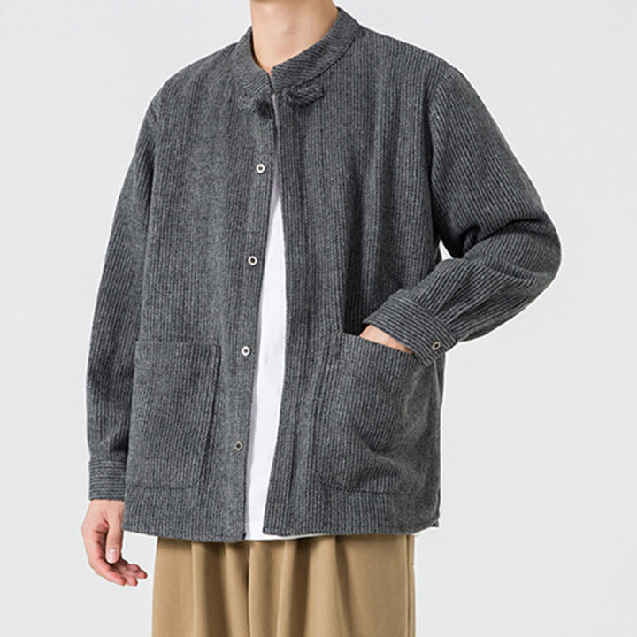 Camicia da uomo in cotone con tasche e maniche lunghe con bottoni a rana e motivo Buddha Stones - image 5