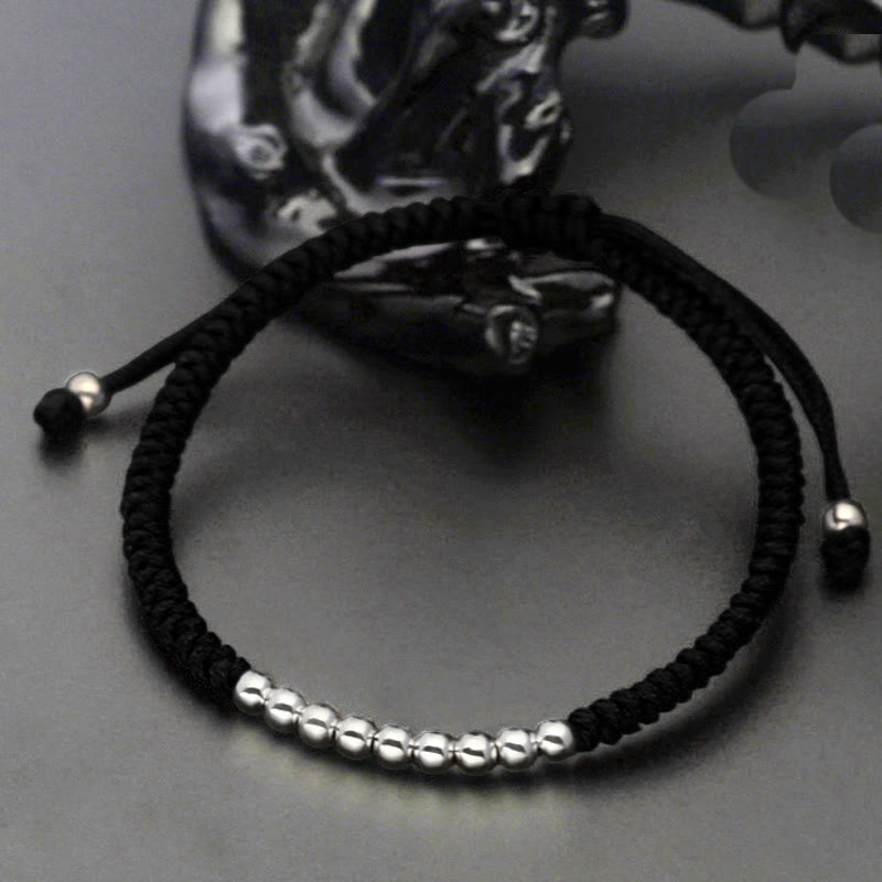 Braccialetto portafortuna con perline semplici e nodo in argento sterling 925, stile retrò , Buddha Stones - Argento sterling 925 (circonferenza del polso: 15-22 cm) - Nero - image 1