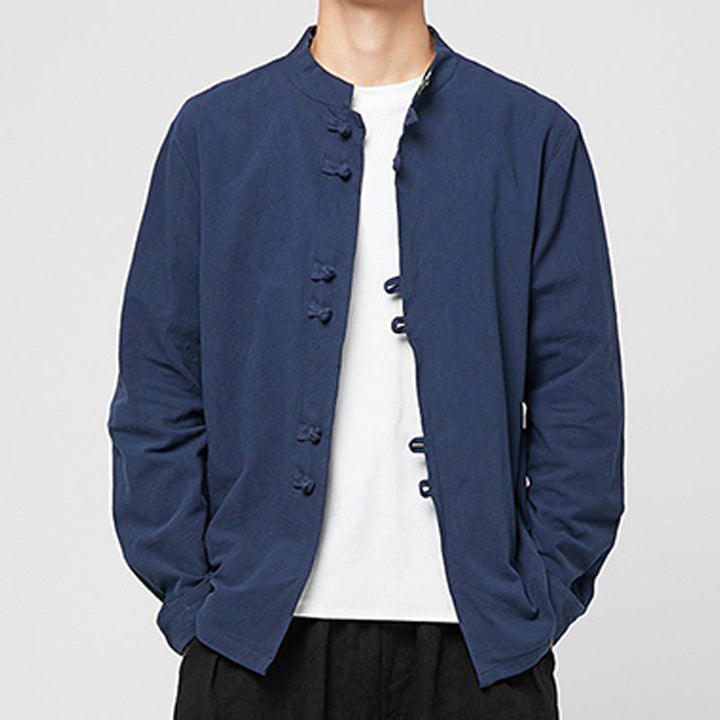 Buddha Stones Camicia da uomo in cotone a maniche lunghe con polsini e motivo a drago e bottoni a rana - Marina - US/UK/AU46, EU56 (5XL) - image 0