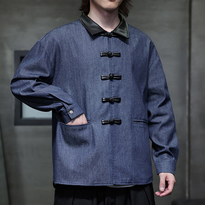Buddha Stones Camicia da uomo in cotone a maniche lunghe con bottoni a rana e tasche - image 5