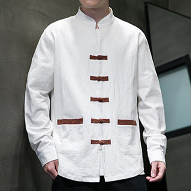 Camicia da uomo in cotone e lino con colletto rialzato, bottoni a rana e maniche lunghe, con tasche, Buddha Stones - image 5