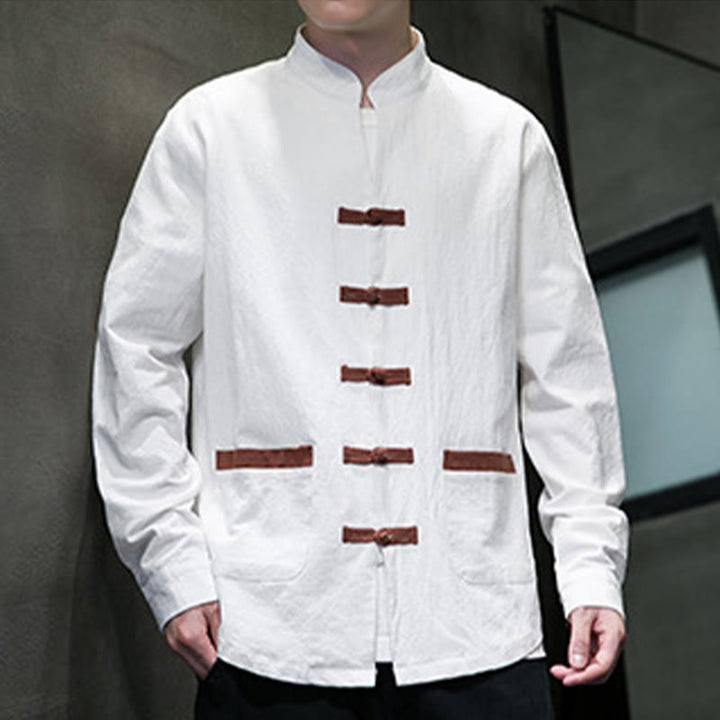 Camicia da uomo in cotone e lino con colletto rialzato, bottoni a rana e maniche lunghe, con tasche, Buddha Stones - image 5