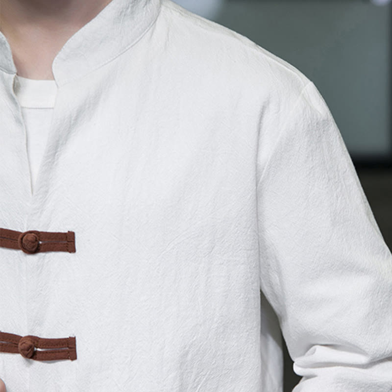 Camicia da uomo in cotone e lino con colletto rialzato, bottoni a rana e maniche lunghe, con tasche, Buddha Stones - image 8
