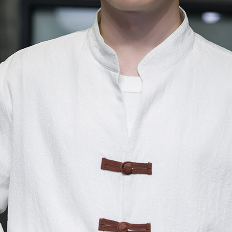 Camicia da uomo in cotone e lino con colletto rialzato, bottoni a rana e maniche lunghe, con tasche, Buddha Stones - image 9