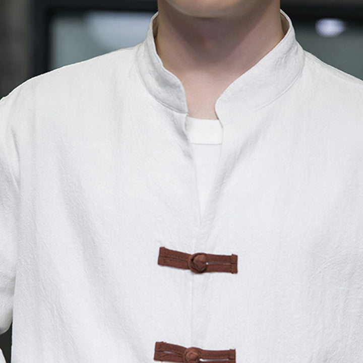 Camicia da uomo in cotone e lino con colletto rialzato, bottoni a rana e maniche lunghe, con tasche, Buddha Stones - image 9