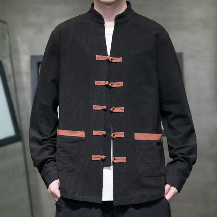 Camicia da uomo in cotone e lino con colletto rialzato, bottoni a rana e maniche lunghe, con tasche, Buddha Stones - Nero - US/UK/AU46, EU56 (5XL) - image 10