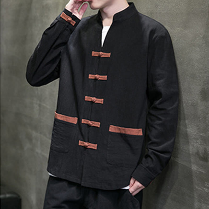 Camicia da uomo in cotone e lino con colletto rialzato, bottoni a rana e maniche lunghe, con tasche, Buddha Stones - image 12