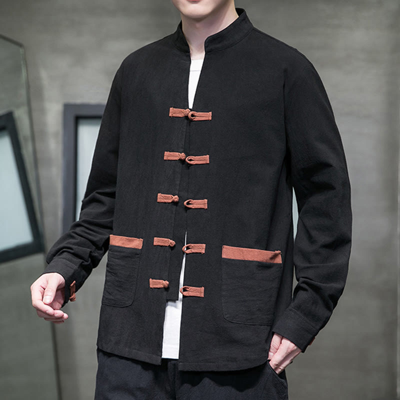 Camicia da uomo in cotone e lino con colletto rialzato, bottoni a rana e maniche lunghe, con tasche, Buddha Stones - image 11