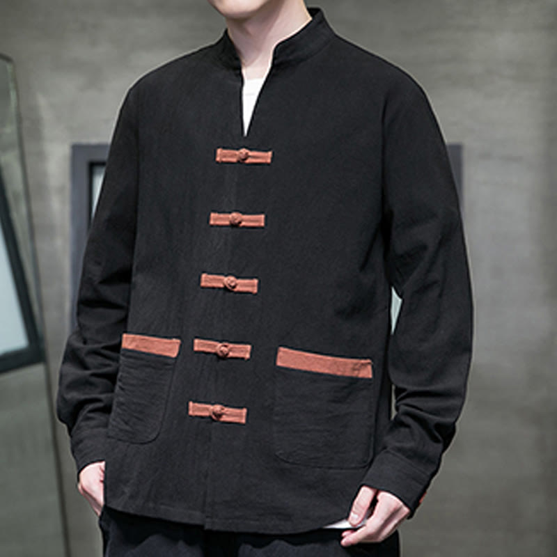 Camicia da uomo in cotone e lino con colletto rialzato, bottoni a rana e maniche lunghe, con tasche, Buddha Stones - image 15