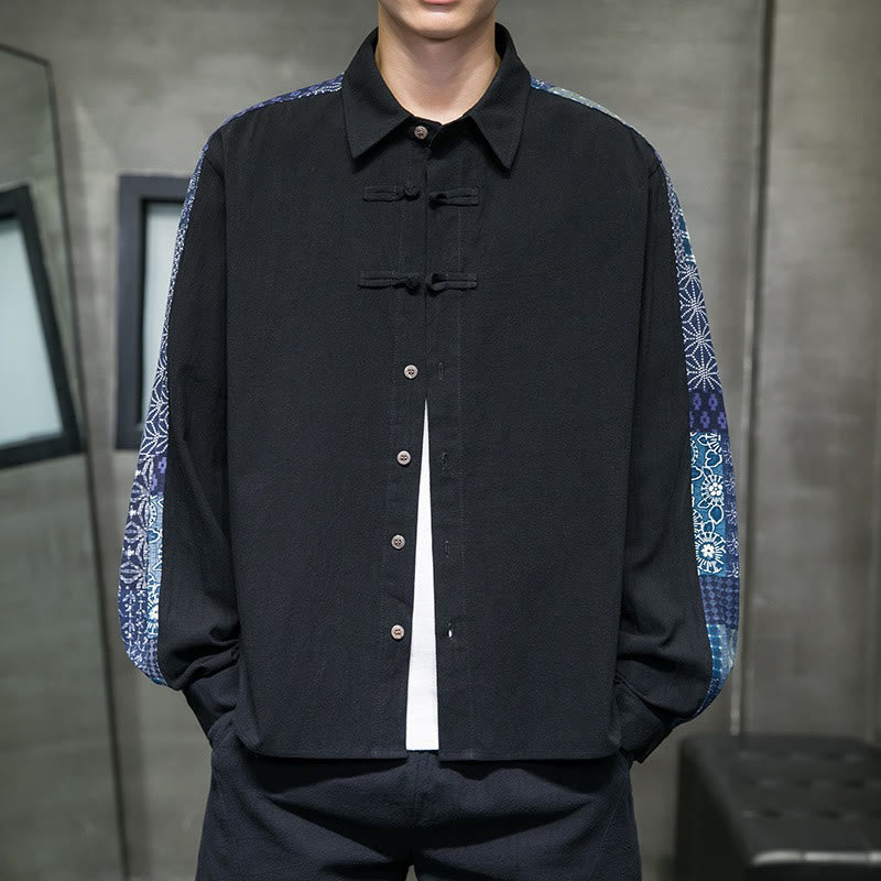 Camicia a maniche lunghe in misto cotone con cuciture a motivo floreale da uomo Buddha Stones - Nero - US/UK/AU50, EU60 (5XL) - image 1