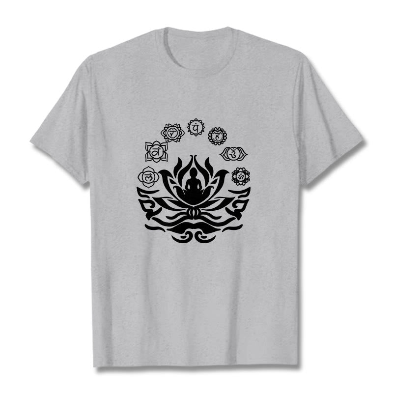 Maglietta Buddha Stones, simbolo OM, mantra sanscriti, motivo fiore di loto di Buddha - Grigio chiaro - 2XL - image 20