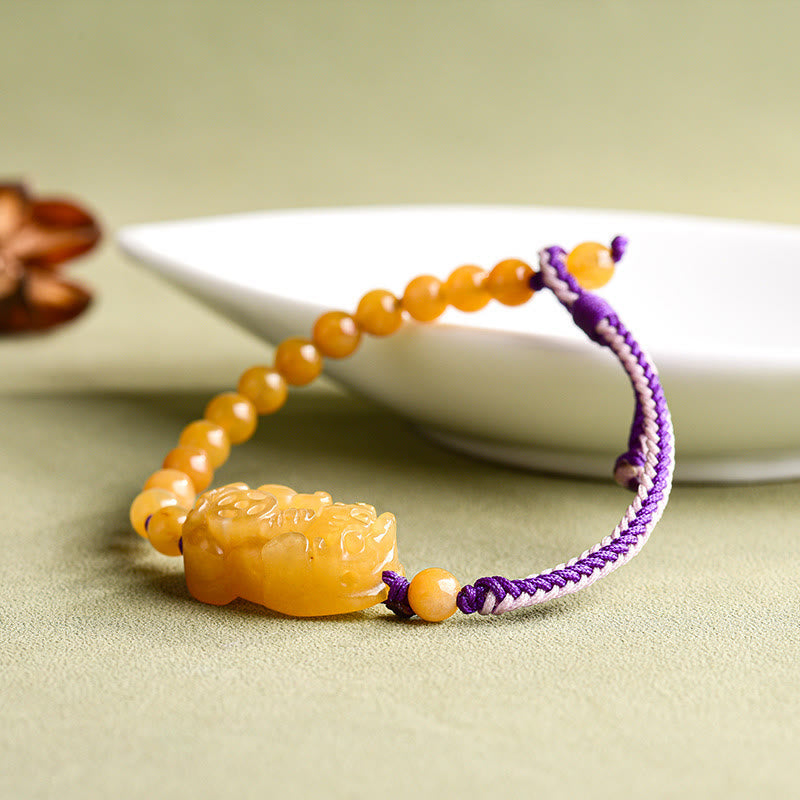 Braccialetto della ricchezza PiXiu con perle di giada di seta dorata e Buddha Stones - image 5