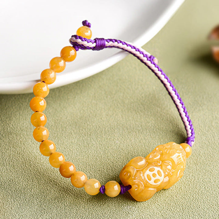 Braccialetto della ricchezza PiXiu con perle di giada di seta dorata e Buddha Stones - image 3