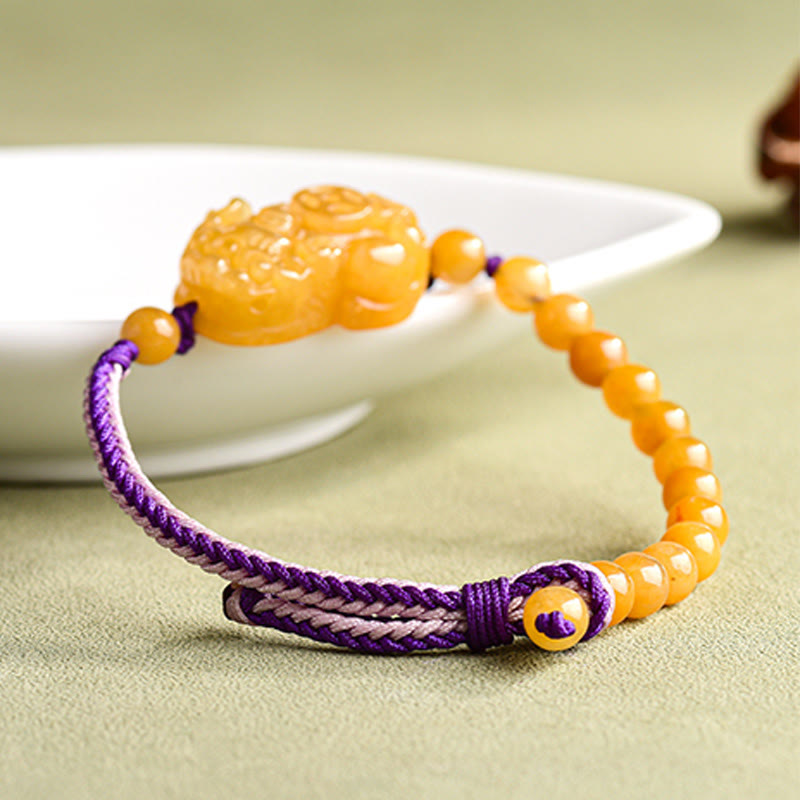 Braccialetto della ricchezza PiXiu con perle di giada di seta dorata e Buddha Stones - image 4