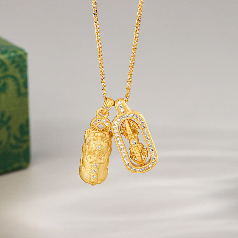 Collana con ciondolo Buddha Stones in argento sterling 925 Mini PiXiu Dorje Vajra Wealth - D'oro - Pixiu Vajra - image 1