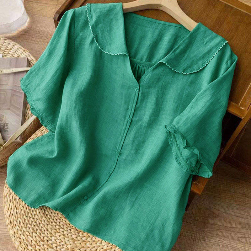 Camicia da donna casual con bottoni e collo medio, manica corta e semplice, motivo Buddha Stones - image 1