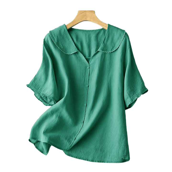 Camicia da donna casual con bottoni e collo medio, manica corta e semplice, motivo Buddha Stones - image 4