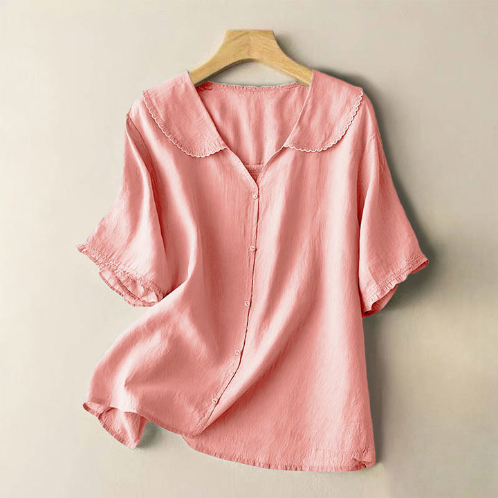 Camicia da donna casual con bottoni e collo medio, manica corta e semplice, motivo Buddha Stones - Rosa chiaro - US12, UK/AU16, EU44 (2XL) - image 22