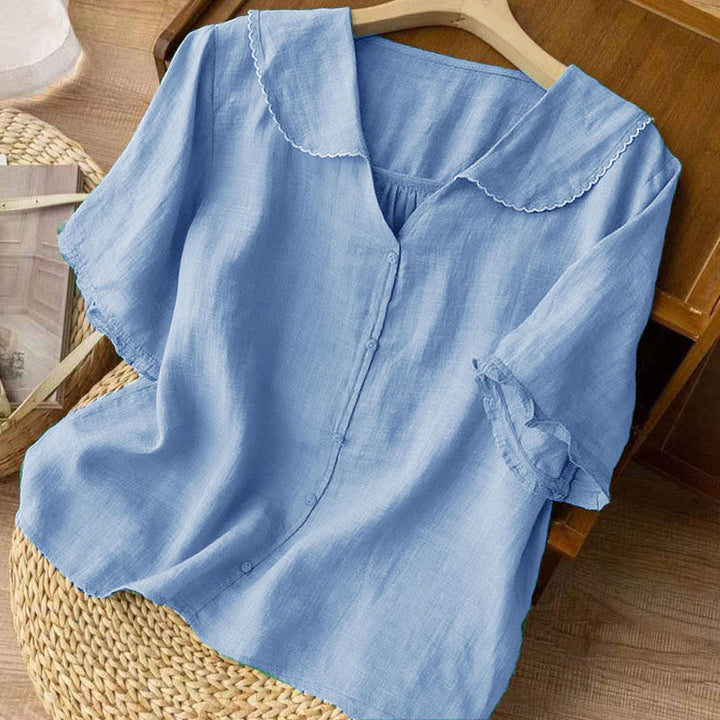 Camicia da donna casual con bottoni e collo medio, manica corta e semplice, motivo Buddha Stones - image 15