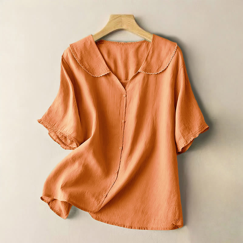 Camicia da donna casual con bottoni e collo medio, manica corta e semplice, motivo Buddha Stones - SandyBrown - US12, UK/AU16, EU44 (2XL) - image 5