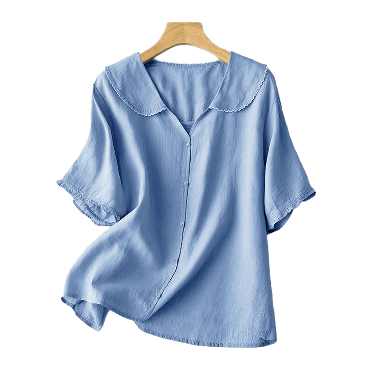 Camicia da donna casual con bottoni e collo medio, manica corta e semplice, motivo Buddha Stones - image 14