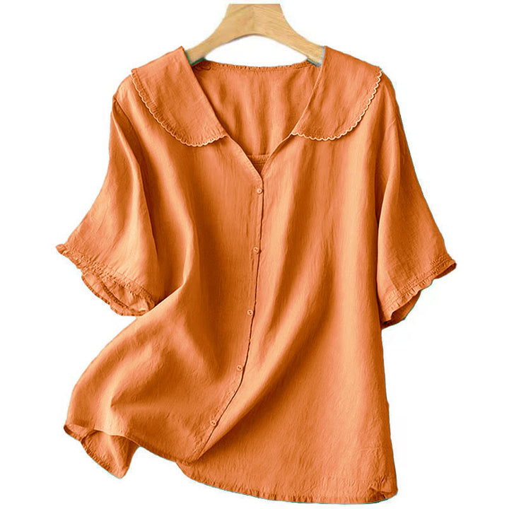 Camicia da donna casual con bottoni e collo medio, manica corta e semplice, motivo Buddha Stones - image 6