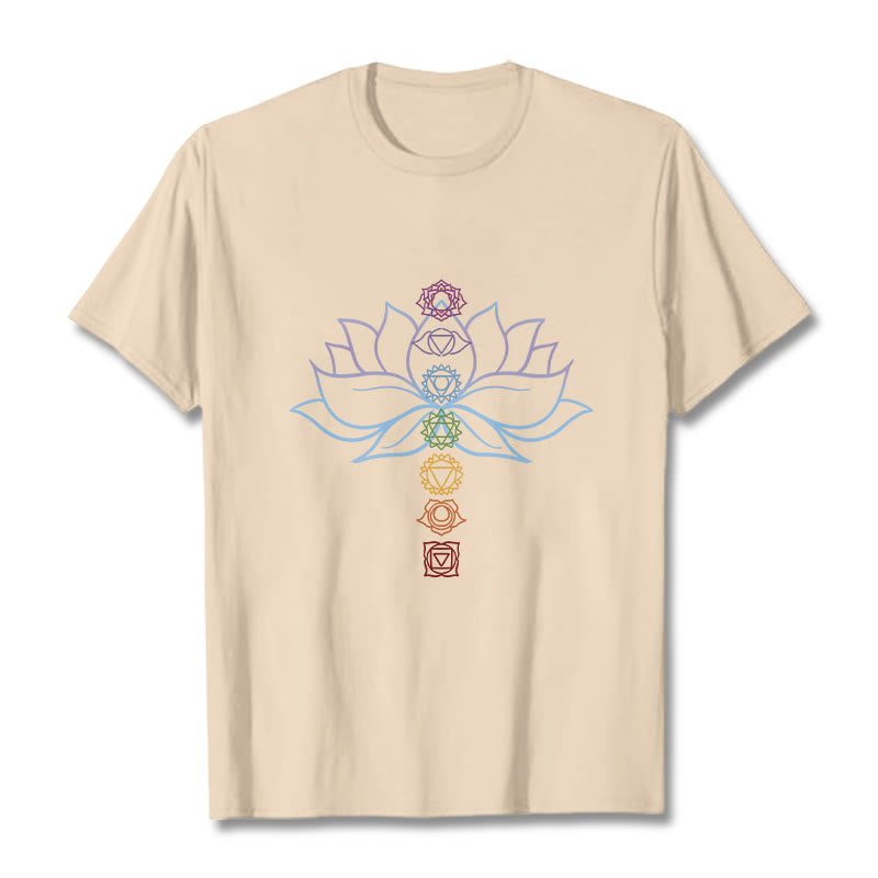 Maglietta in cotone per meditazione Buddha Stones, tonalità pastello, fiore di loto, simboli dei chakra - Biscotto - 2XL - image 9