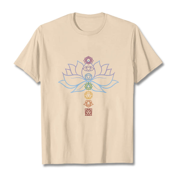 Maglietta in cotone per meditazione Buddha Stones, tonalità pastello, fiore di loto, simboli dei chakra - Biscotto - 2XL - image 9