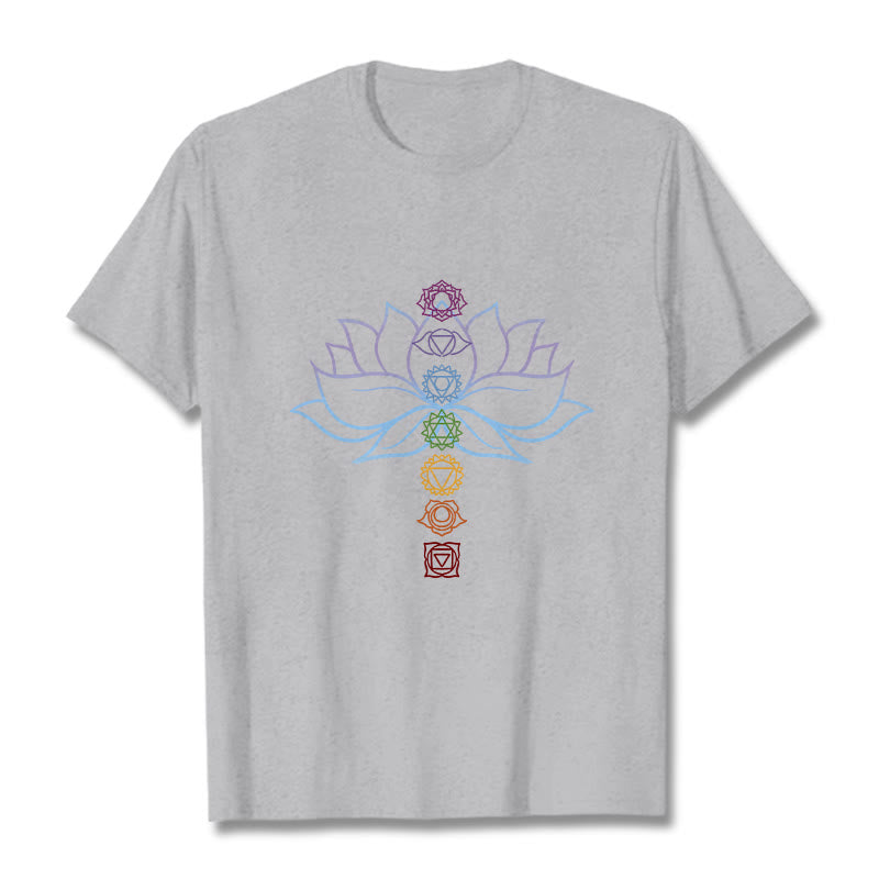 Maglietta in cotone per meditazione Buddha Stones, tonalità pastello, fiore di loto, simboli dei chakra - Grigio chiaro - 2XL - image 20