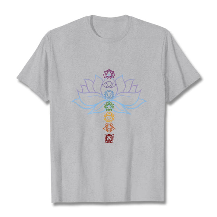 Maglietta in cotone per meditazione Buddha Stones, tonalità pastello, fiore di loto, simboli dei chakra - Grigio chiaro - 2XL - image 20