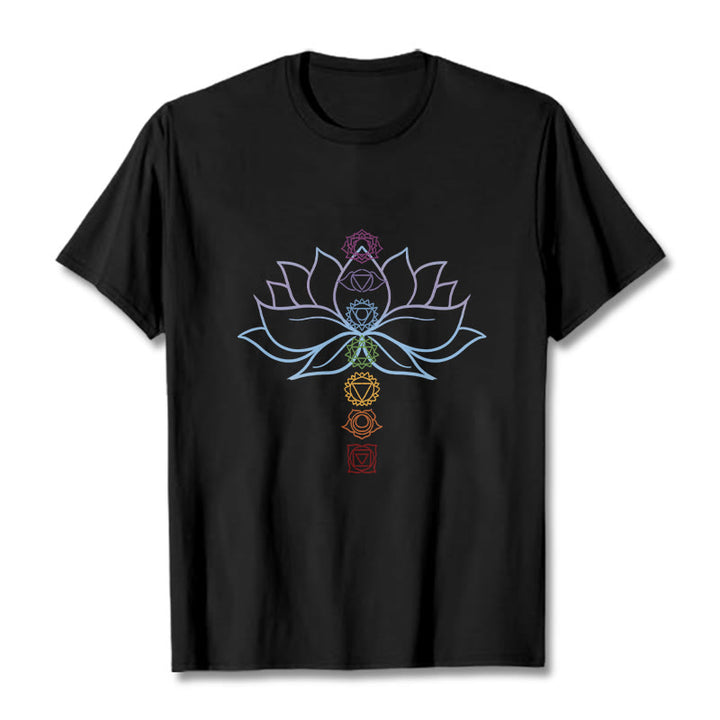 Maglietta in cotone per meditazione Buddha Stones, tonalità pastello, fiore di loto, simboli dei chakra - Nero - 2XL - image 4