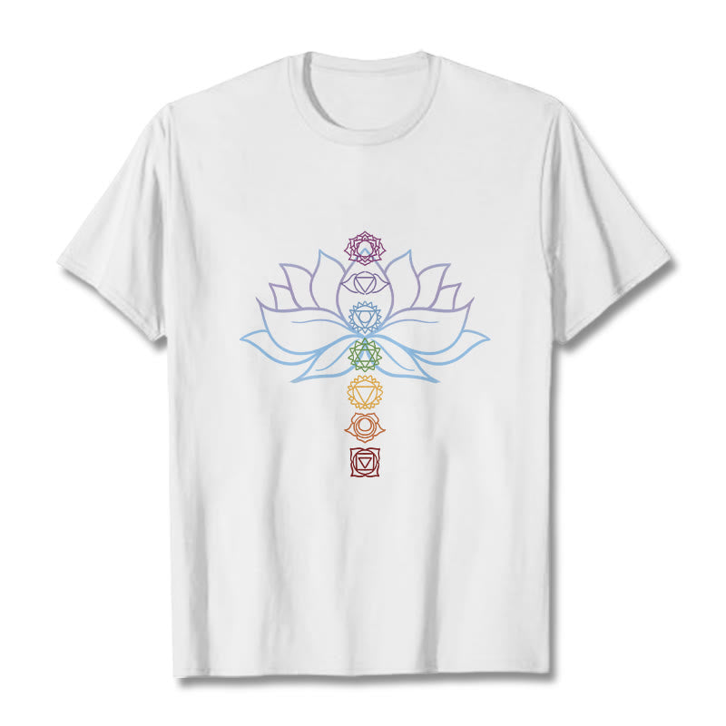 Maglietta in cotone per meditazione Buddha Stones, tonalità pastello, fiore di loto, simboli dei chakra - Bianco - 2XL - image 1