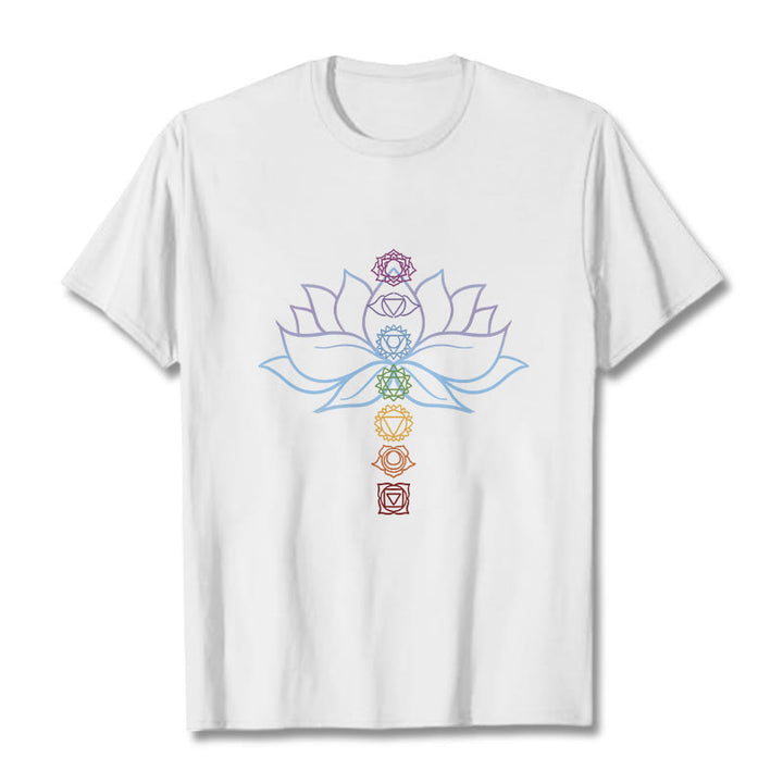 Maglietta in cotone per meditazione Buddha Stones, tonalità pastello, fiore di loto, simboli dei chakra - Bianco - 2XL - image 1
