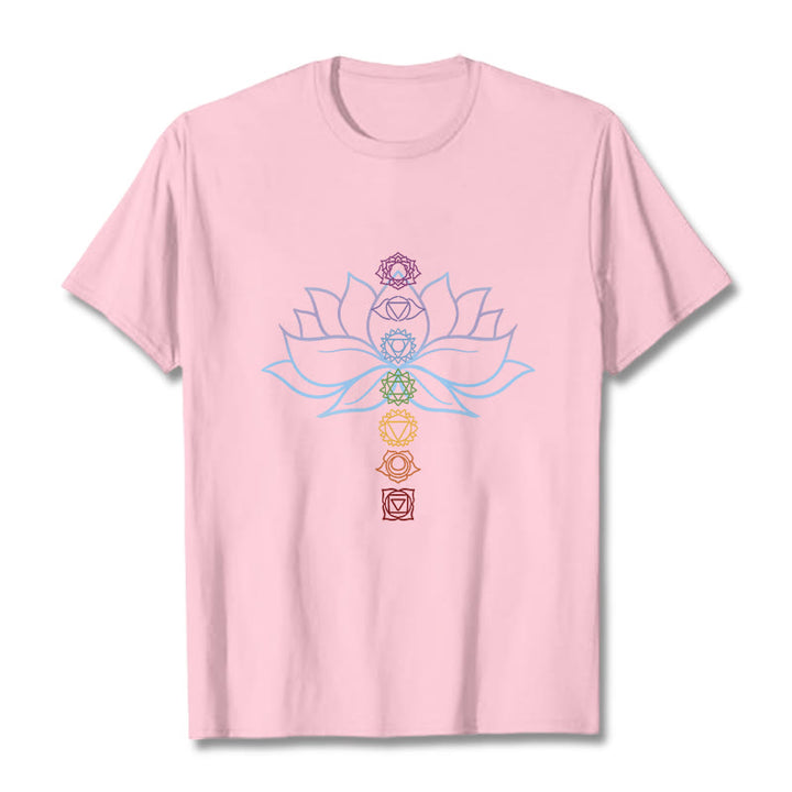 Maglietta in cotone per meditazione Buddha Stones, tonalità pastello, fiore di loto, simboli dei chakra - Rosa chiaro - 2XL - image 13