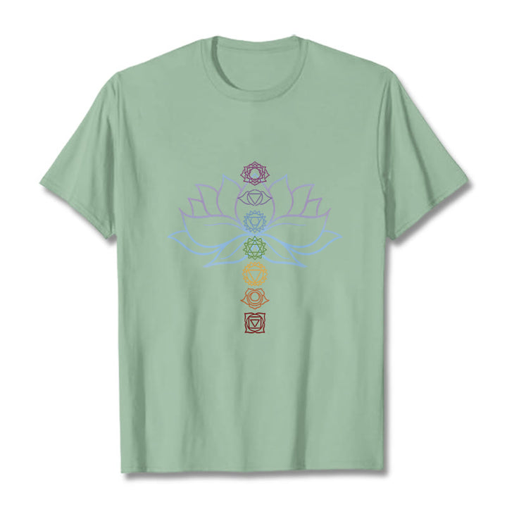 Maglietta in cotone per meditazione Buddha Stones, tonalità pastello, fiore di loto, simboli dei chakra - Verde pallido - 2XL - image 14
