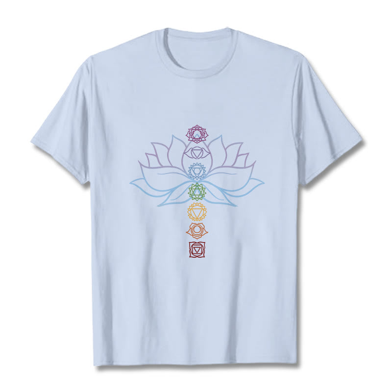 Maglietta in cotone per meditazione Buddha Stones, tonalità pastello, fiore di loto, simboli dei chakra - Ciano chiaro - 2XL - image 18