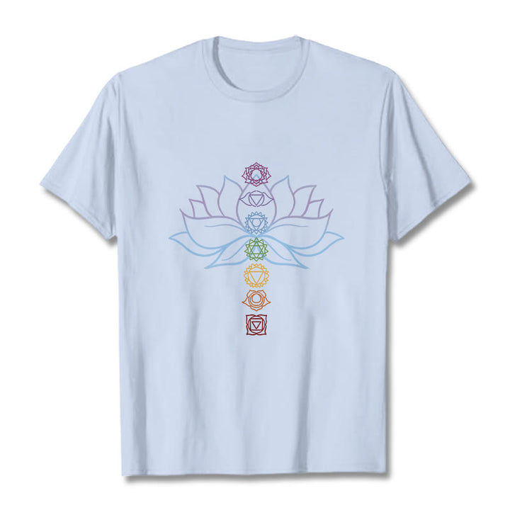 Maglietta in cotone per meditazione Buddha Stones, tonalità pastello, fiore di loto, simboli dei chakra - Ciano chiaro - 2XL - image 18