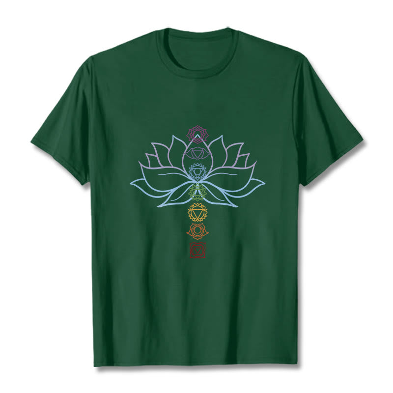 Maglietta in cotone per meditazione Buddha Stones, tonalità pastello, fiore di loto, simboli dei chakra - Verde foresta - 2XL - image 10
