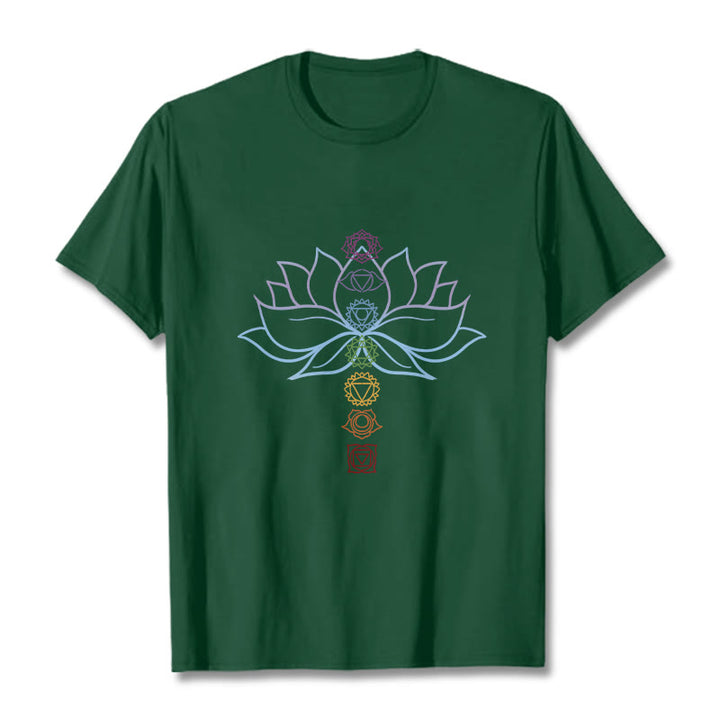 Maglietta in cotone per meditazione Buddha Stones, tonalità pastello, fiore di loto, simboli dei chakra - Verde foresta - 2XL - image 10