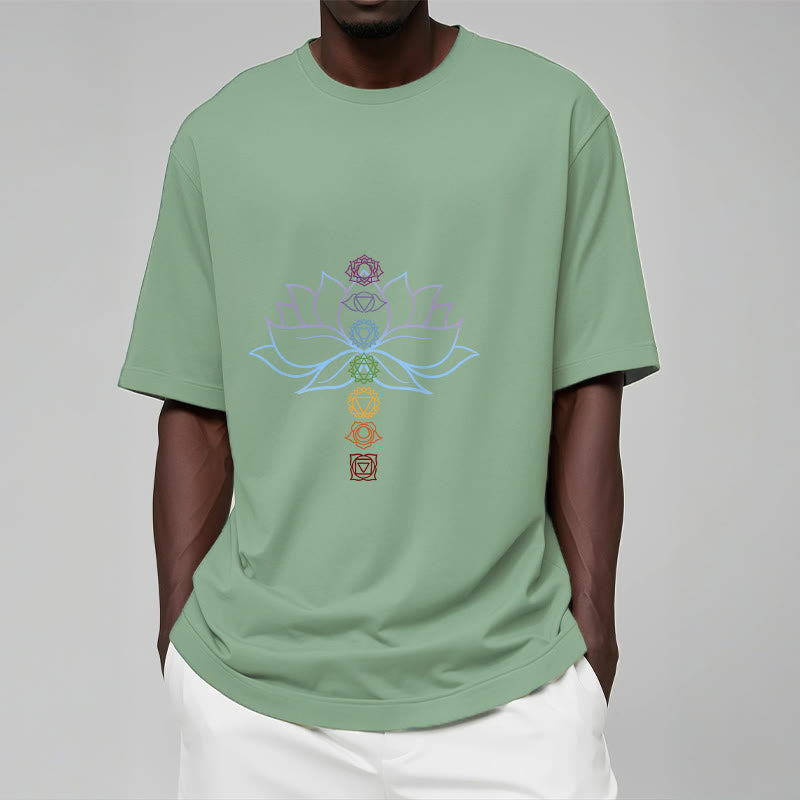 Maglietta in cotone per meditazione Buddha Stones, tonalità pastello, fiore di loto, simboli dei chakra - image 16