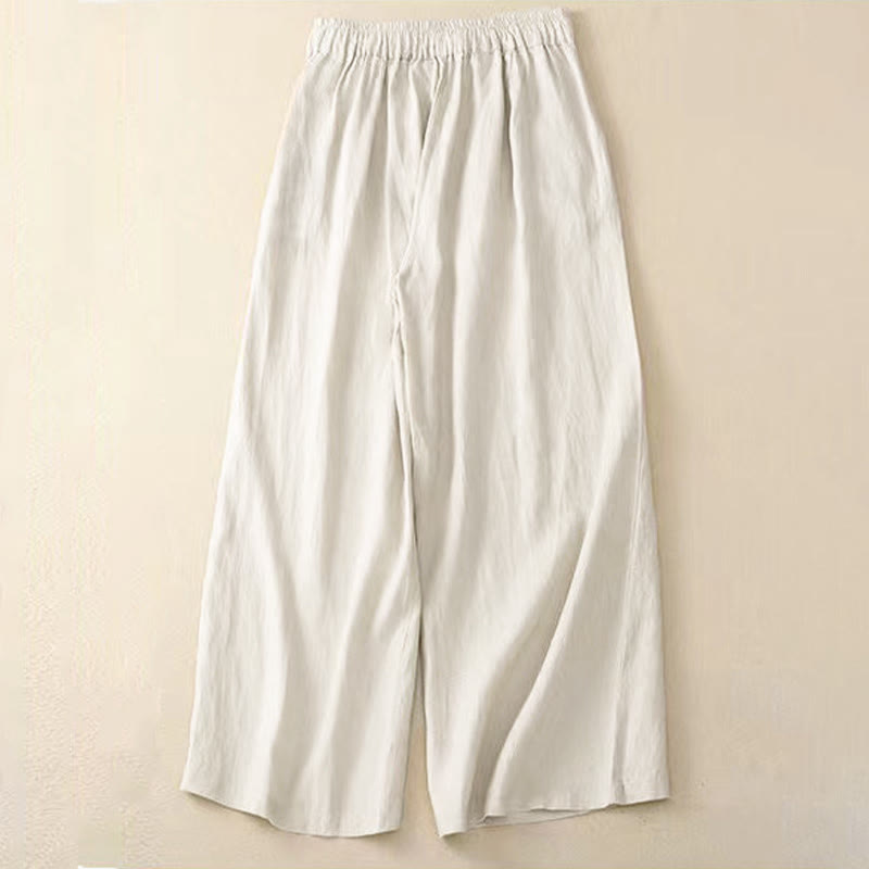 Pantaloni larghi da donna in cotone e lino con tasche, tinta unita, casual, con un bottone , Buddha Stones - image 15
