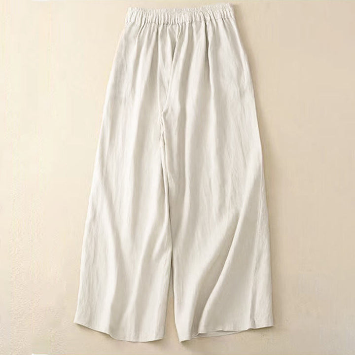 Pantaloni larghi da donna in cotone e lino con tasche, tinta unita, casual, con un bottone , Buddha Stones - image 15
