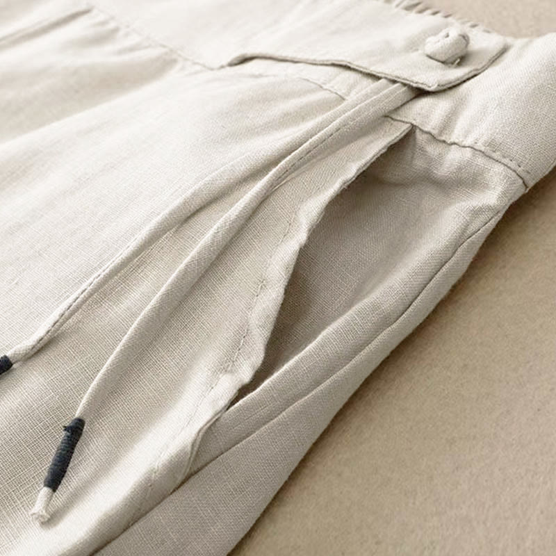 Pantaloni larghi da donna in cotone e lino con tasche, tinta unita, casual, con un bottone , Buddha Stones - image 21