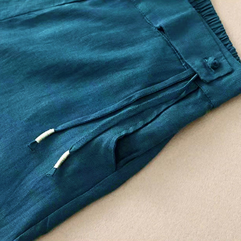 Pantaloni larghi da donna in cotone e lino con tasche, tinta unita, casual, con un bottone , Buddha Stones - image 30