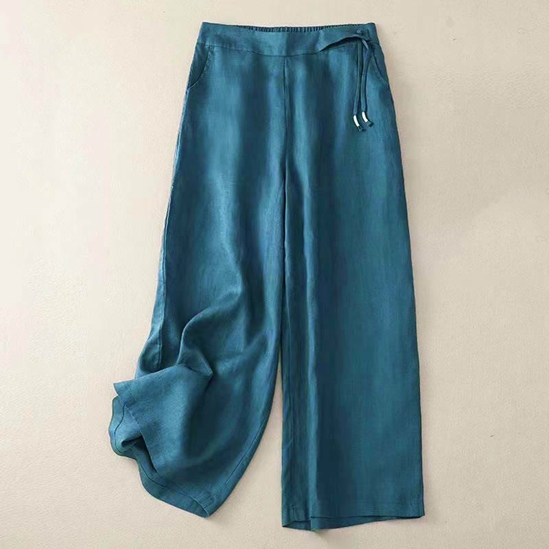 Pantaloni larghi da donna in cotone e lino con tasche, tinta unita, casual, con un bottone , Buddha Stones - Verde acqua - US12, UK/AU16, EU44 (3XL) - image 23